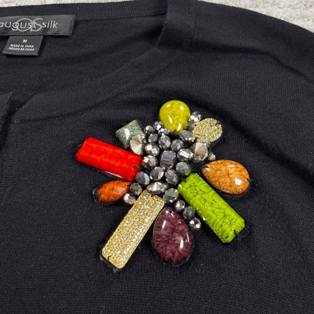 August Silk Cardigan Women's Medium Black Beaded Jeweled Art To Wear Cottagecore - Picture 6 of 12